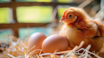 Celebrating world egg day with a chicken and eggs on straw for farm freshness. Horizontal banner. Copy space. World Farm Animals Day. World Bird Day