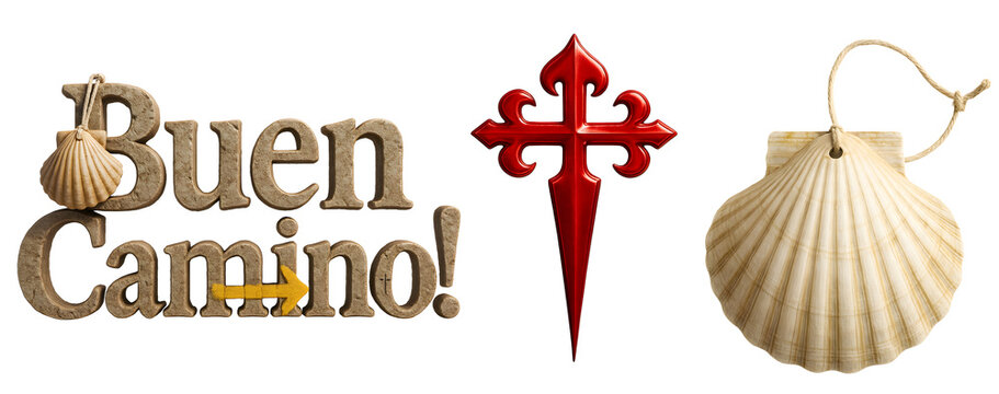 "Buen Camino!" text with a shell on a transparent background. Red Santiago cross on a transparent background. Religious symbol. Travel. Pilgrimage. Seashell with a rope for wearing on a transparent ba