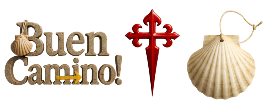 "Buen Camino!" text with a shell on a transparent background. Red Santiago cross on a transparent background. Religious symbol. Travel. Pilgrimage. Seashell with a rope for wearing on a transparent ba