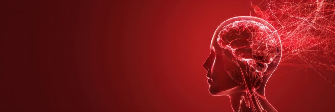 World stroke day conceptual design with brain and red abstract background. Horizontal banner. Copy space. World Brain Day. Mental Health Day - Powered by Adobe