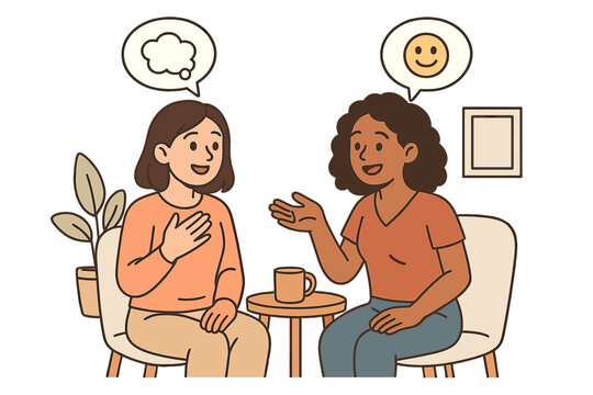 Two women in casual conversation. Vector illustration of friendship, support, and communication. Therapy session with a psychologist. Mental health, empathy, and active listening.