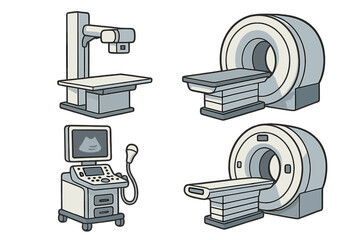 Medical imaging device set vector. MRI scanner, X-ray machine, and ultrasound equipment for hospital diagnostics. Radiology technology for healthcare. Medical examination cartoon.