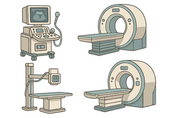 Medical imaging device set. MRI, CT scanner, ultrasound and X-ray machine. Radiology and diagnostics equipment for hospital or clinic. Healthcare technology vector illustration.