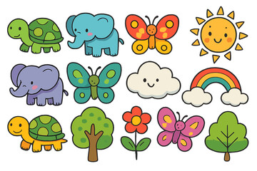 Cute kawaii animal and nature icon set. Cartoon vector collection with turtle, elephant, butterfly, sun, cloud, and rainbow. Doodle clipart for kids, baby, or nursery design.