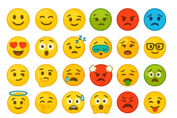 Fototapeta premium Emoji set vector. Big collection of emoticons with different emotions. Cartoon smiley and sad faces. Cute character icon for chat, social media reaction and feedback.