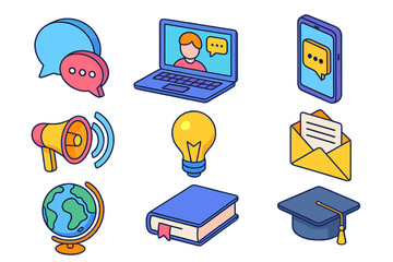 Colorful isometric icon set for online education, communication, and business. E-learning and webinar concepts. Vector icons for graduation, knowledge, global communication, and marketing.