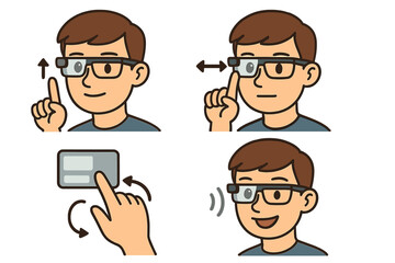 Man with smart glasses user guide. Vector cartoon showing gesture controls for adjusting settings and functionality. AR wearable technology tutorial. Interactive display guide.