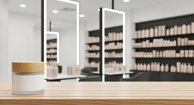 Cosmetic jar with blank label sitting on a wooden table in a beauty salon