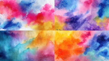 Four Abstract Watercolor Paintings with Explosive Colors in Studio Environment
