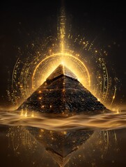 Golden pyramid glowing in mystical ambiance. Ancient psychic code system, ancient psychic code system for discovery, proven ancient psychic code system unlocking mystery