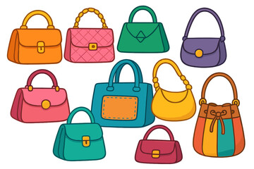 Various styles of colorful handbag designs collection, vibrant fashion accessories, modern cartoon vector illustration, trendy purses, unique bag shapes, stylish women's handbags
