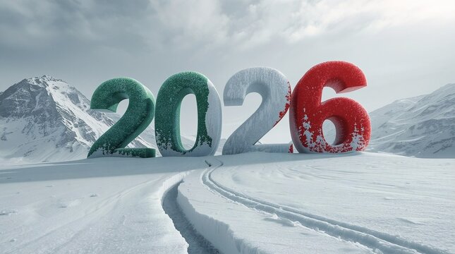 2026 Winter Olympics in Italy symbol with giant 3D numbers in Italian flag colors on snowy mountain landscape, international sports event in Milan Cortina d&rsquo;Ampezzo
