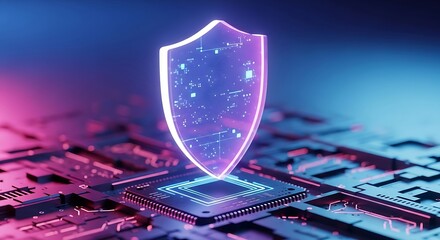 Digital Shield on Circuit Board Illuminating Cyber Protection Data Security and Network Defense in a Technological