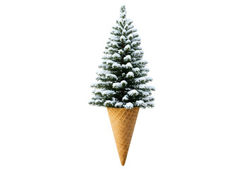 Whimsical Christmas tree in a waffle cone, a sweet holiday novelty, perfect for greeting cards, social media, and festive winter designs, conjure joy with this playful tree