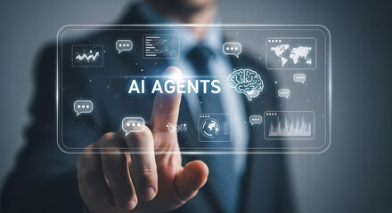 Person in suit touching a transparent screen with ai agents text and icons related to artificial intelligence.