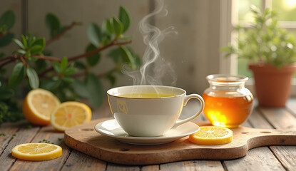 Fototapeta premium Aromatic Lemon Herbal Tea with Honey: A Relaxing Morning Scene