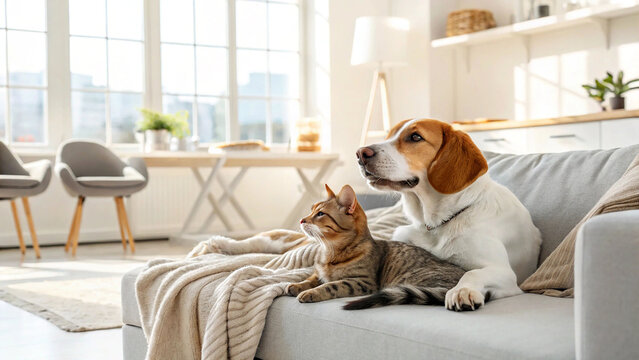 Pet dog and cat cuddling on couch in modern living room, cute animal friendship scene