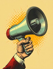 Hand holding a megaphone against a vintage background