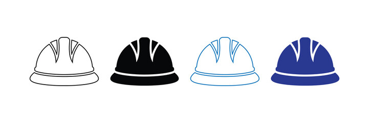 Collection of four hard hats in different styles and colors, including outline, black, blue, and white, isolated on a white background