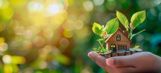 Tiny house model and coins in a palm, with plant sprouting upward, symbolizing eco living, investment, and financial responsibility.
