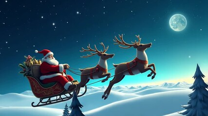 Santa Claus rides a sleigh filled with gifts, pulled by two reindeer, flying above a snowy winter landscape under a starry night sky with a full moon, evoking festive holiday spirit. - Powered by Adobe