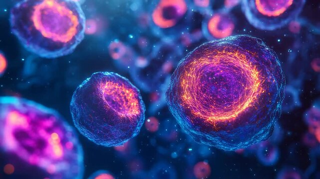 Vivid Neon Microscopic View of Cells with Glowing Circular Structures
