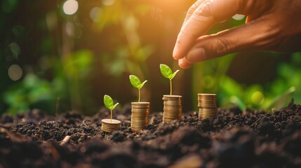 A human hand nurturing coin stacks in soil, each with green seedlings growing from them, symbolizing investment, growth, and sustainability.