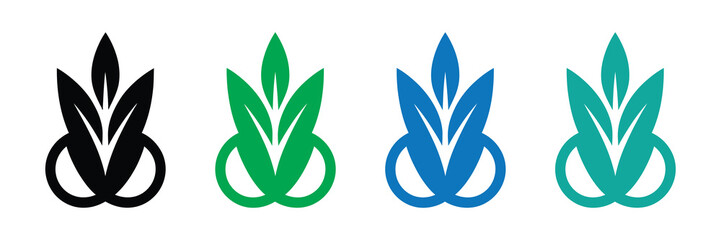 Four stylized plant logos in black, green, blue, and teal, isolated on a white background