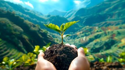 Green seedling in soil held by human hands, with mountains and valley in the background, symbolizing environmental responsibility and growth.