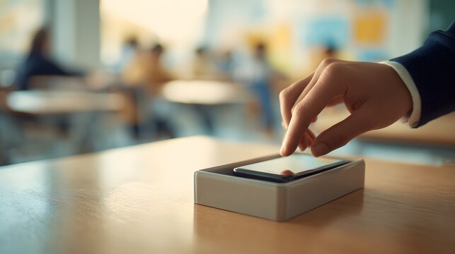 Student placing smartphone into collection box during class with blurred classmates in background, perfect for school policy visuals, discipline guides