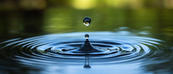 A highdefinition illustration of a water droplet falling into a clear lake, creating ripples, symbolizing the need for water conservation and sustainability in nature