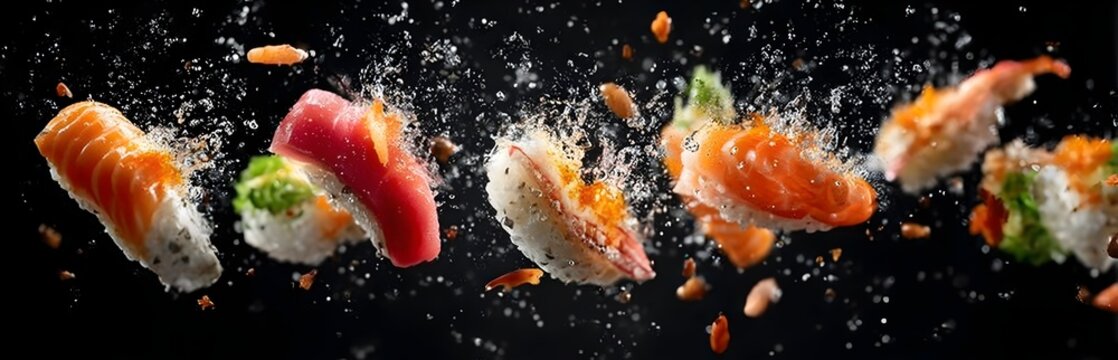 Assorted sushi pieces with vibrant toppings and flying seasonings captured in mid-air against a black background. Fresh, dynamic, and visually striking Japanese cuisine concept.