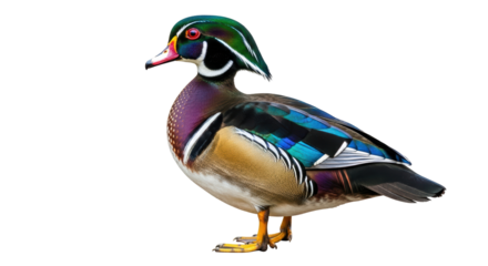 Isolated colorful Wood Duck, Aix Sponsa, perched on ground, elegant waterfowl portrait