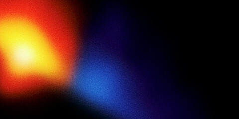 Dark abstract background with glowing orange and deep blue light gradient enhanced with grainy noise texture effect