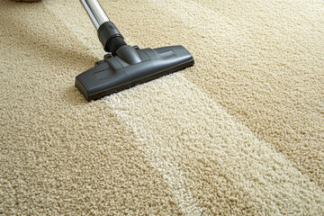 A vacuum cleaner moves over a light beige carpet, creating a visible clean line where dirt has been removed, demonstrating effective cleaning
