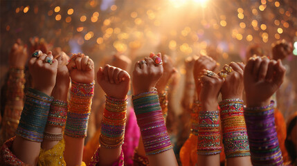 Close-up of Multiple Faceless Hands Adorned with Vibrant Bangles and Jewelry. A Joyful and Authentic Image of Cultural Celebration, Community, and Togetherness