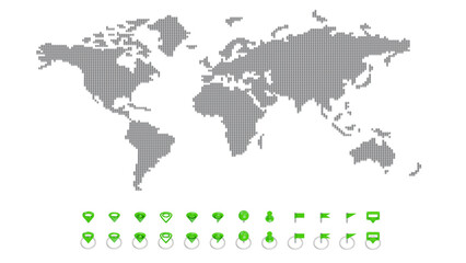 World map with green location icons, isolated on transparent background. 3D illustration