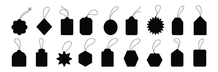 Collection of black silhouette gift tags and price tags in various shapes and sizes, isolated on a white background, perfect for retail and holiday promotions