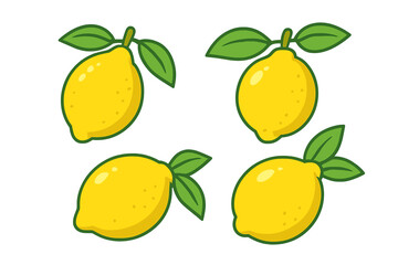 Fresh lemon fruit vector illustration set. Cartoon citrus icons with leaves. Healthy food concept. Bright yellow sour fruit for juice, lemonade or decorative summer design element.