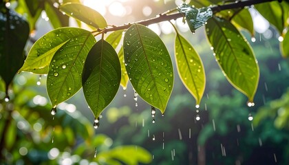 Raindrops falling from green leaves in sunlight.