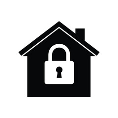A black and white illustration of a house with a padlock in the center, isolated on white background, representing home security and safety