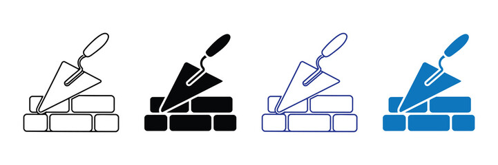 Set of four icons representing bricklaying with a trowel, including outline, solid black, outline with blue accents, and solid blue versions, isolated on white background