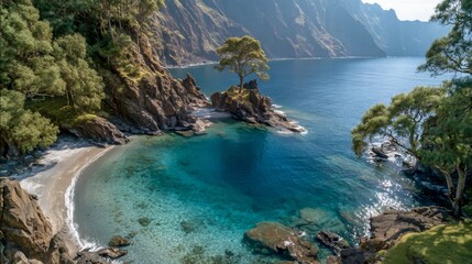 Obraz premium Serene coastal landscape featuring rocky cliffs, clear turquoise waters, and lush greenery, creating a tranquil atmosphere ideal for relaxation and nature appreciation