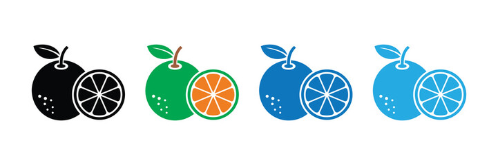 Set of four stylized citrus fruits, including a whole fruit and a slice, in black, green, and two shades of blue, isolated on a white background