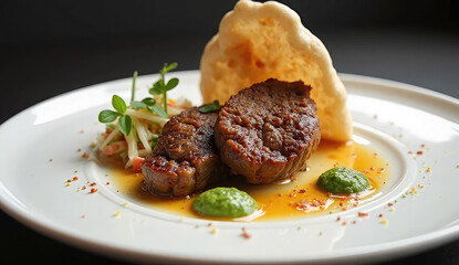 Gourmet Roasted Meat Dish with Creative Garnish