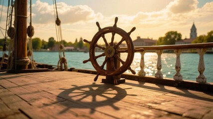 Columbus Day Vintage wooden ship's wheel casting a dramatic shadow on a sun-drenched deck, guiding exploration across shimmering turquoise waters towards distant historical architecture.