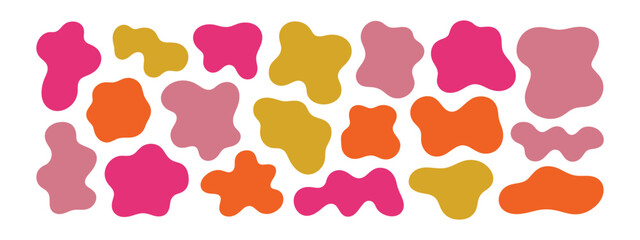 Abstract organic shapes in vibrant pink, orange, and yellow colors scattered on a clean white background, isolated on white background