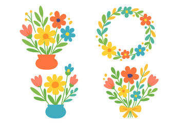 Vector set of colorful spring flower arrangements. Flat design bouquets in vases, floral wreath, tied bunch. Cheerful cartoon illustration for decoration, greeting cards, invitations.