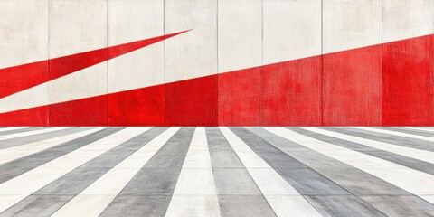 Abstract geometric wall with bold red and white diagonal pattern and striped floor, modern urban design background with clean lines and strong contrast.