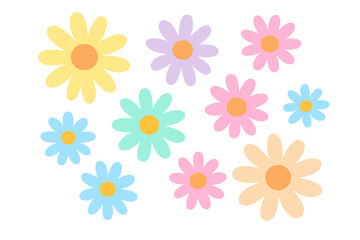 Set of cute groovy daisy flowers in pastel colors. Retro 70s floral clipart collection. Simple flat cartoon vector illustration for spring or summer design elements.